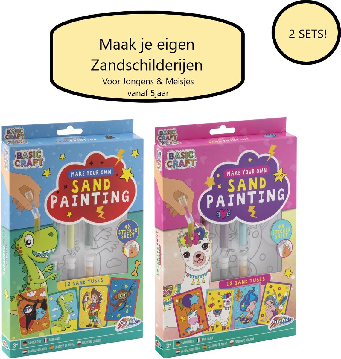 Grafix® Maak je eigen Zandschilderijen  | 2 sets | Voor Jongens & Meisjes | Knutselen voor Kinderen | 8 Tekeningen | 2 X 12 Zand tubes | Unicorn - Alpaca - Zeemeermin - Dino - Aapje - Piraat - Dieren